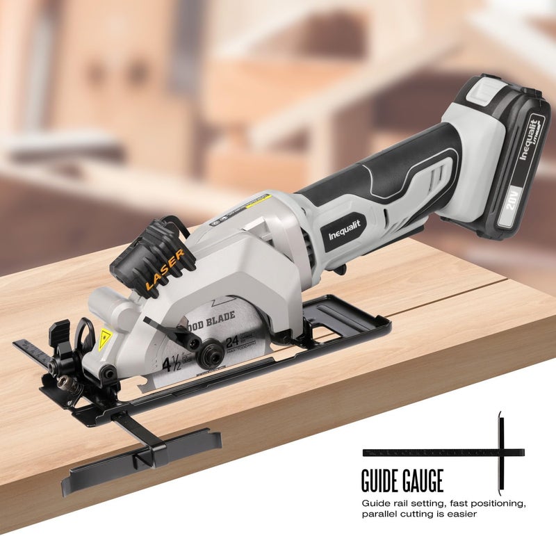 Inequalit Cordless Mini Circular Saw, 4-1/2 Inch 3400 RPM Circular Saw with Laser Guide, Rip Guides, 2 Blades (24T Wood + 60T Metal), Max Cutting Depth 1-11/16" (90°), 1-1/8" (45°)" - Image 4
